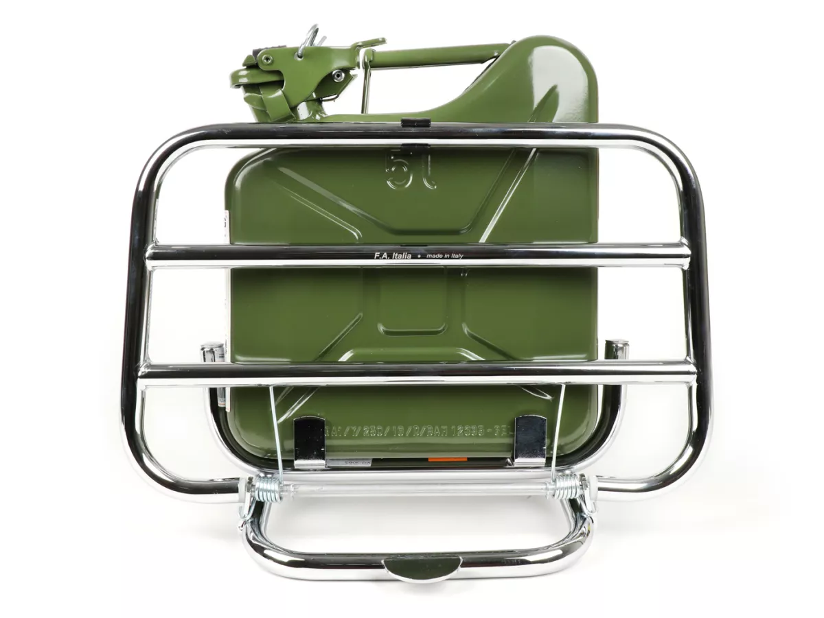 Inklapbaar bagagerek voor -FA ITALIA, chroom, inclusief 5 liter benzinekan - Vespa Smallframe V50, 50S/N/L/R, 50SR, PV, ET3, PK S, PK XL, Largeframe PX, T5, Sprint, Rally, GS160, SS180, TS, GT, GTR, VNA, VNB, VBA, VBB, Super, Wideframe V1-V33, VB, VN,