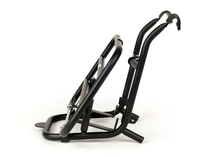 Front rack, fold down -FA ITALIA, black, with fuel  jerry can holder 5l FA Italia- Vespa Smallframe V50, 50S/N/L/R, 50SR, PV, ET3, PK S, PK XL, Largeframe PX, T5, Sprint, Rally, GS160, SS180, TS, GT, GTR, VNA, VNB, VBA, VBB, Super, Wideframe V1-V33, VB, V
