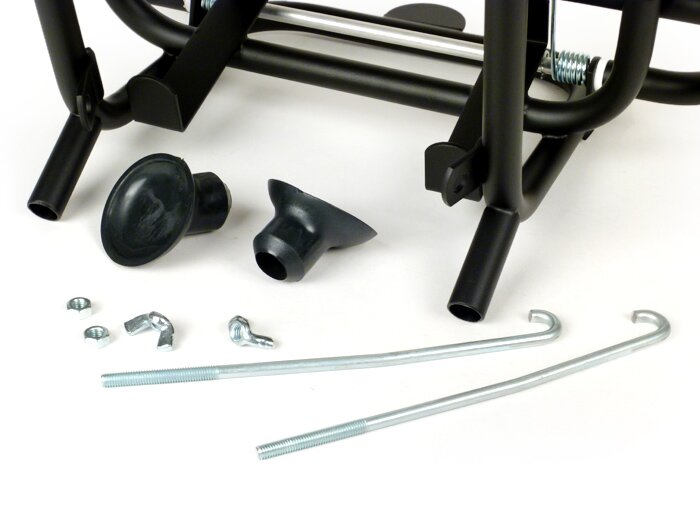 Front rack, fold down -FA ITALIA, black, with fuel  jerry can holder 5l FA Italia- Vespa Smallframe V50, 50S/N/L/R, 50SR, PV, ET3, PK S, PK XL, Largeframe PX, T5, Sprint, Rally, GS160, SS180, TS, GT, GTR, VNA, VNB, VBA, VBB, Super, Wideframe V1-V33, VB, V