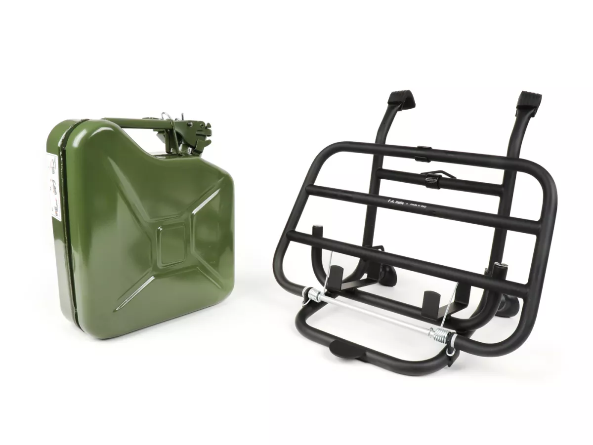 Opklapbaar bagagerek vooraan -FA ITALIA, zwart, inclusief 5 liter benzinekan - Vespa Smallframe V50, 50S/N/L/R, 50SR, PV, ET3, PK S, PK XL, Largeframe PX, T5, Sprint, Rally, GS160, SS180, TS, GT, GTR, VNA, VNB, VBA, VBB, Super, Wideframe V1-V33, VB, VB.