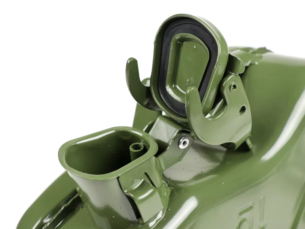 Opklapbaar bagagerek vooraan -FA ITALIA, zwart, inclusief 5 liter benzinekan - Vespa Smallframe V50, 50S/N/L/R, 50SR, PV, ET3, PK S, PK XL, Largeframe PX, T5, Sprint, Rally, GS160, SS180, TS, GT, GTR, VNA, VNB, VBA, VBB, Super, Wideframe V1-V33, VB, VB.
