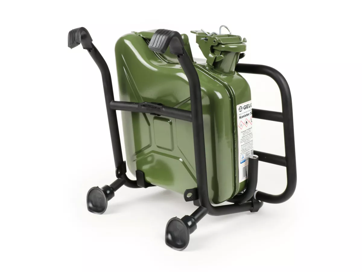 Opklapbaar bagagerek vooraan -FA ITALIA, zwart, inclusief 5 liter benzinekan - Vespa Smallframe V50, 50S/N/L/R, 50SR, PV, ET3, PK S, PK XL, Largeframe PX, T5, Sprint, Rally, GS160, SS180, TS, GT, GTR, VNA, VNB, VBA, VBB, Super, Wideframe V1-V33, VB, VB.