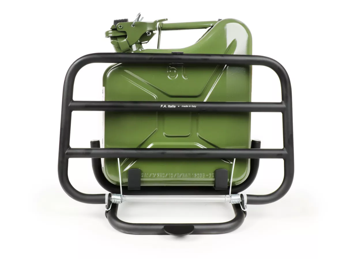 Opklapbaar bagagerek vooraan -FA ITALIA, zwart, inclusief 5 liter benzinekan - Vespa Smallframe V50, 50S/N/L/R, 50SR, PV, ET3, PK S, PK XL, Largeframe PX, T5, Sprint, Rally, GS160, SS180, TS, GT, GTR, VNA, VNB, VBA, VBB, Super, Wideframe V1-V33, VB, VB.