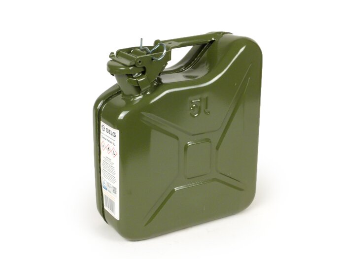 Benzine jerrycan 5l -FA ITALIA, metaal- olijfgroen - geschikt voor bagagedrager Vespa Largeframe Sprint, Rally, TS, GT, GTR, PX voor (3332494, 3332495)