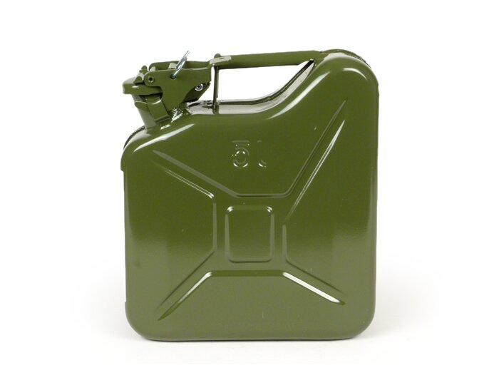 Benzine jerrycan 5l -FA ITALIA, metaal- olijfgroen - geschikt voor bagagedrager Vespa Largeframe Sprint, Rally, TS, GT, GTR, PX voor (3332494, 3332495)