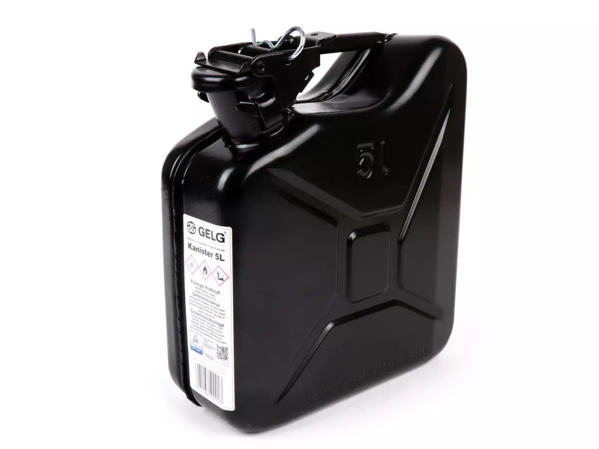 Benzine jerrycan 5l -FA ITALIA, metaal- zwart (RAL9005) - geschikt voor bagagedrager Vespa Largeframe Sprint, Rally, TS, GT, GTR, PX voor (3332494, 3332495)