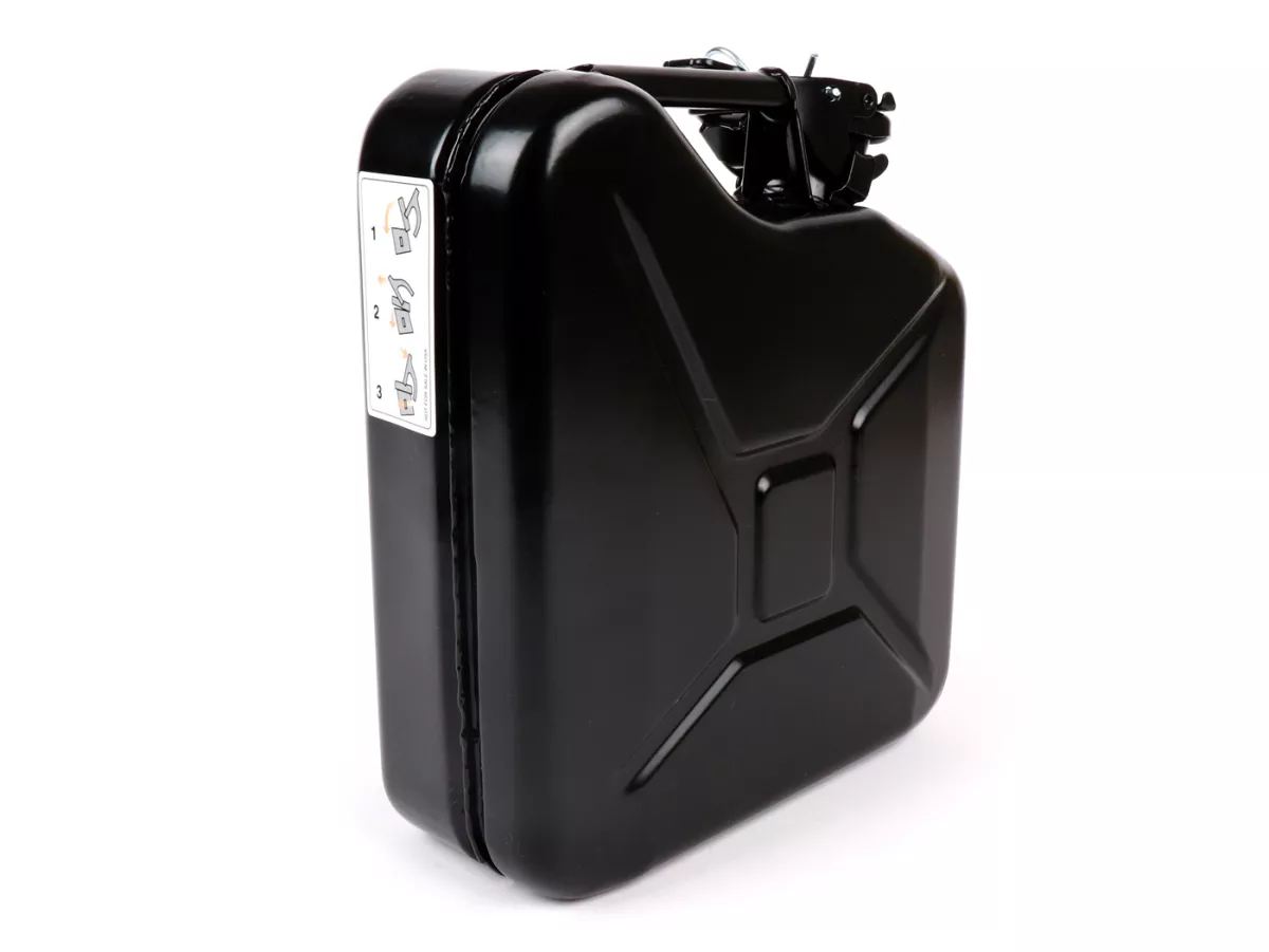 Benzine jerrycan 5l -FA ITALIA, metaal- zwart (RAL9005) - geschikt voor bagagedrager Vespa Largeframe Sprint, Rally, TS, GT, GTR, PX voor (3332494, 3332495)