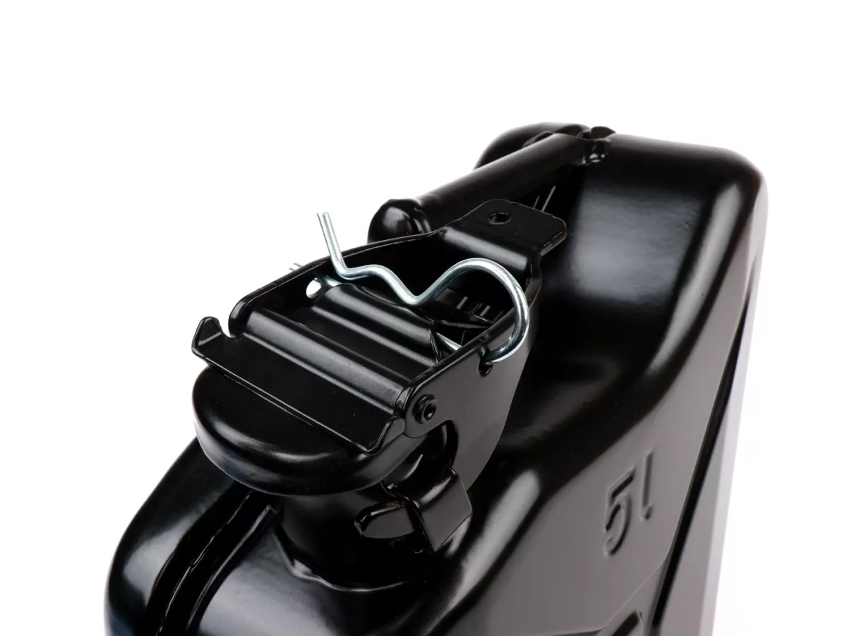 Benzine jerrycan 5l -FA ITALIA, metaal- zwart (RAL9005) - geschikt voor bagagedrager Vespa Largeframe Sprint, Rally, TS, GT, GTR, PX voor (3332494, 3332495)