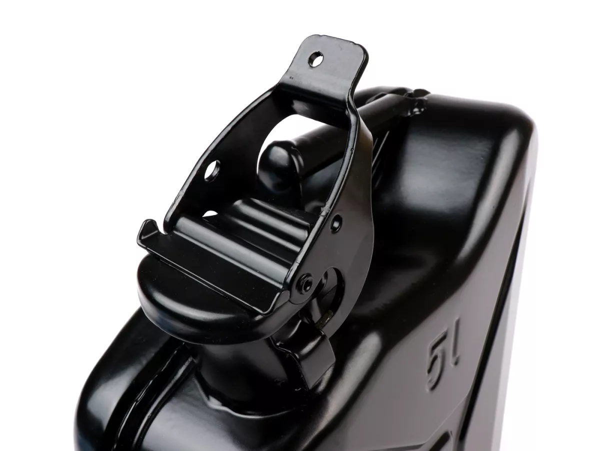 Benzine jerrycan 5l -FA ITALIA, metaal- zwart (RAL9005) - geschikt voor bagagedrager Vespa Largeframe Sprint, Rally, TS, GT, GTR, PX voor (3332494, 3332495)