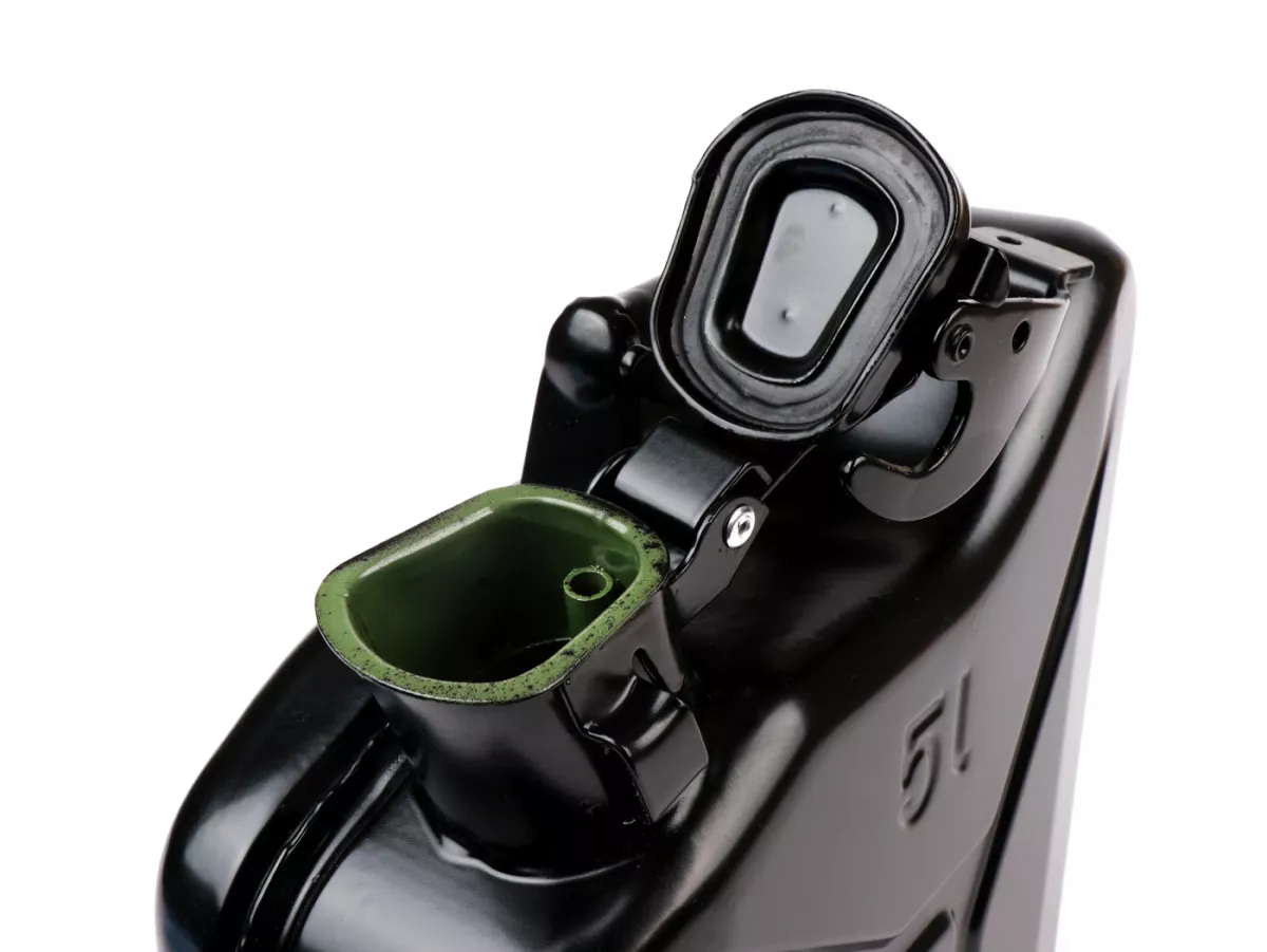 Benzine jerrycan 5l -FA ITALIA, metaal- zwart (RAL9005) - geschikt voor bagagedrager Vespa Largeframe Sprint, Rally, TS, GT, GTR, PX voor (3332494, 3332495)