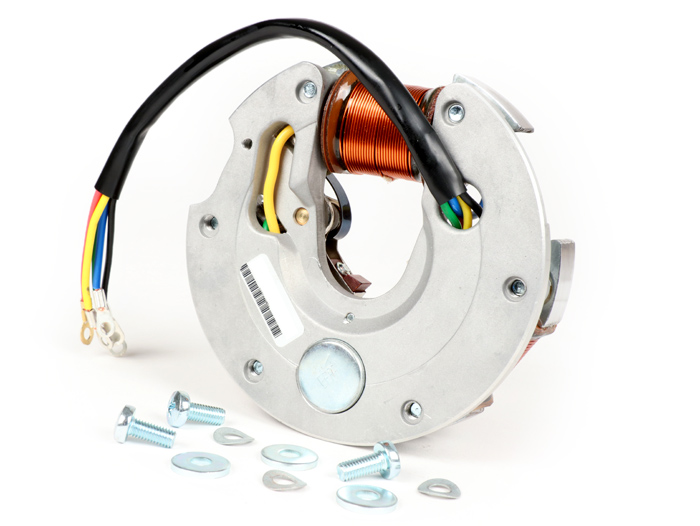 Pengapian -Pelat dasar VESPA (pengapian kontak, 5 kabel, 6V, 3 kumparan, kontak panjang, dengan indikator) - Vespa V50 -50R (V5A1T), 50 Revival (V5R1T), 50S (V5SA1T), 50 Special (V5A2T, V5B1T, V5B3T), 50 Special Elestart (V5B2T, V5A3T, V5B4T), 50SR / Spri