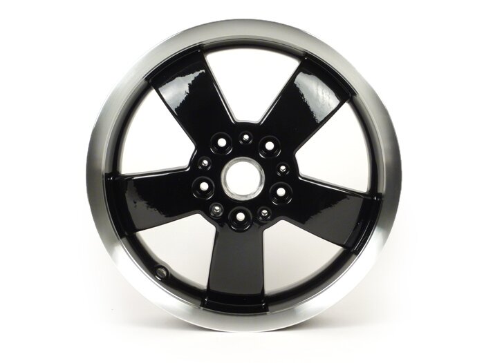 Felge -PIAGGIO GTS Super 125-300 - schwarz glänzend mit poliertem Rand, (3.00x12) - 5 Speichen - passend für Vespa GTS, HPE 125/300ccm - hinten (2017-, ABS Tonrad an Felge verschraubt)