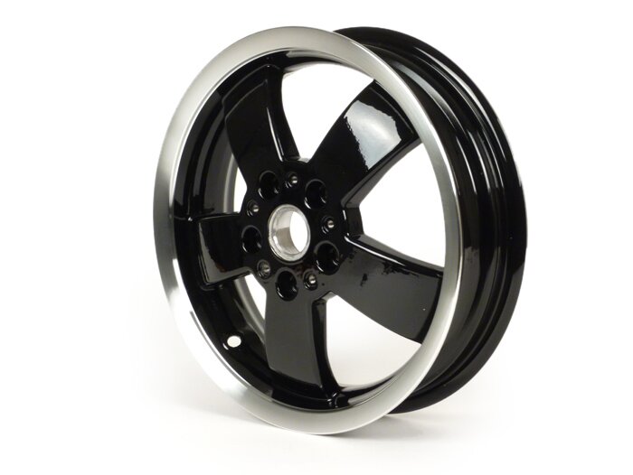Felge -PIAGGIO GTS Super 125-300 - schwarz glänzend mit poliertem Rand, (3.00x12) - 5 Speichen - passend für Vespa GTS, HPE 125/300ccm - hinten (2017-, ABS Tonrad an Felge verschraubt)