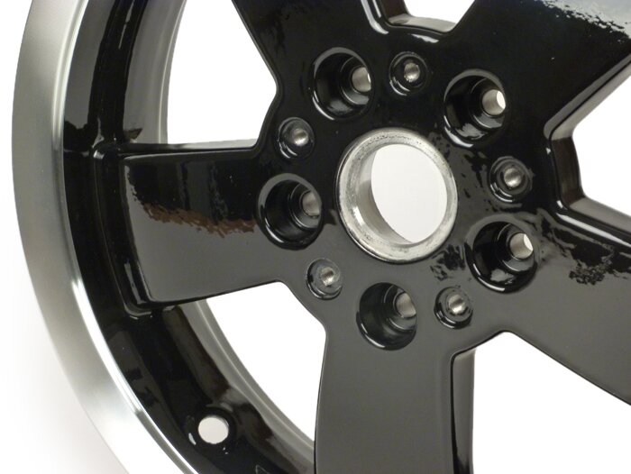 Felge -PIAGGIO GTS Super 125-300 - schwarz glänzend mit poliertem Rand, (3.00x12) - 5 Speichen - passend für Vespa GTS, HPE 125/300ccm - hinten (2017-, ABS Tonrad an Felge verschraubt)