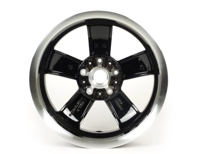 Felge -PIAGGIO GTS Super 125-300 - schwarz glänzend mit poliertem Rand, (3.00x12) - 5 Speichen - passend für Vespa GTS, HPE 125/300ccm - hinten (2017-, ABS Tonrad an Felge verschraubt)