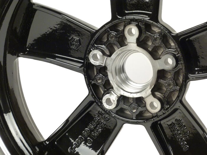 Felge -PIAGGIO GTS Super 125-300 - schwarz glänzend mit poliertem Rand, (3.00x12) - 5 Speichen - passend für Vespa GTS, HPE 125/300ccm - hinten (2017-, ABS Tonrad an Felge verschraubt)