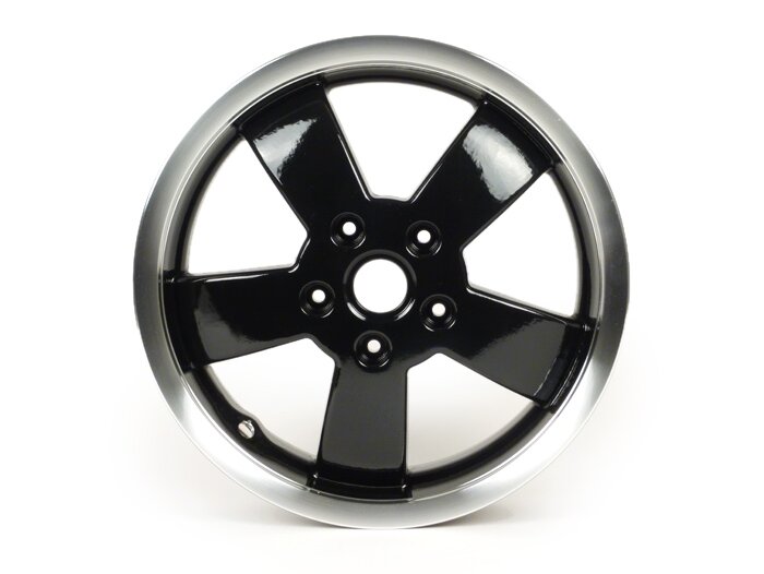 Wiel -PIAGGIO GTS Super 125-300 - glanzend zwart met gepolijste velg, (3.00x12) - 5 spaken - past op Vespa GT, GTL, GTS, GTV, HPE 125-300cc - voor (alle jaren) en achter (2014-2016)