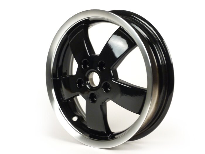 Wiel -PIAGGIO GTS Super 125-300 - glanzend zwart met gepolijste velg, (3.00x12) - 5 spaken - past op Vespa GT, GTL, GTS, GTV, HPE 125-300cc - voor (alle jaren) en achter (2014-2016)