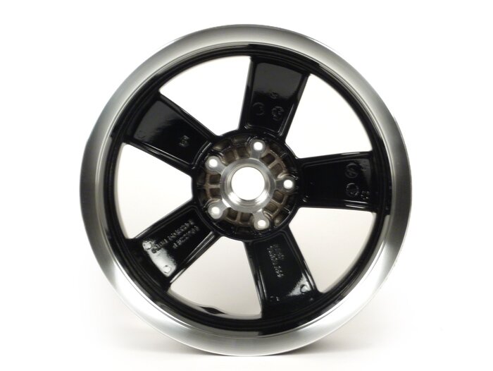 Wiel -PIAGGIO GTS Super 125-300 - glanzend zwart met gepolijste velg, (3.00x12) - 5 spaken - past op Vespa GT, GTL, GTS, GTV, HPE 125-300cc - voor (alle jaren) en achter (2014-2016)