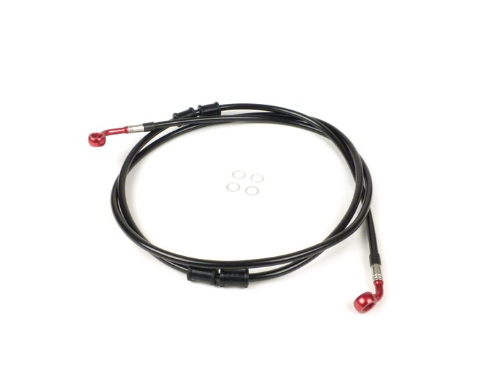 Brake hose, rear, for genuine brake caliper -SPIEGLER hose: stainless steel (black), fitting: aluminium (red)- Vespa (without ABS) GTS 250 (ZAPM451), GTS 125 i.e. (ZAPM453), GTS 300 i.e. (ZAPM452)