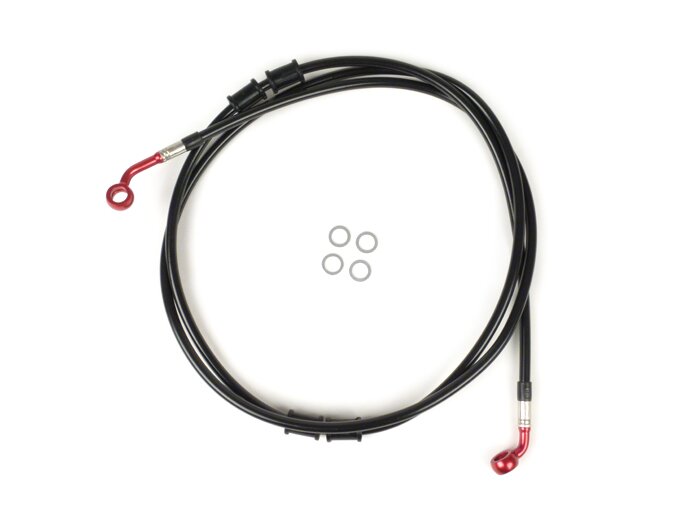 Brake hose, rear, for genuine brake caliper -SPIEGLER hose: stainless steel (black), fitting: aluminium (red)- Vespa (without ABS) GTS 250 (ZAPM451), GTS 125 i.e. (ZAPM453), GTS 300 i.e. (ZAPM452)