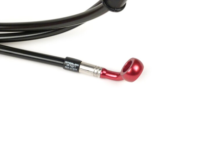 Brake hose, rear, for genuine brake caliper -SPIEGLER hose: stainless steel (black), fitting: aluminium (red)- Vespa (without ABS) GTS 250 (ZAPM451), GTS 125 i.e. (ZAPM453), GTS 300 i.e. (ZAPM452)