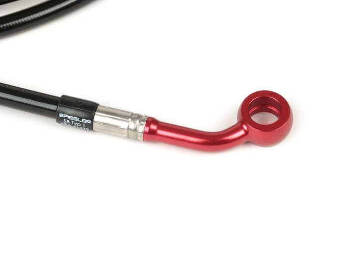 Brake hose, rear, for genuine brake caliper -SPIEGLER hose: stainless steel (black), fitting: aluminium (red)- Vespa (without ABS) GTS 250 (ZAPM451), GTS 125 i.e. (ZAPM453), GTS 300 i.e. (ZAPM452)