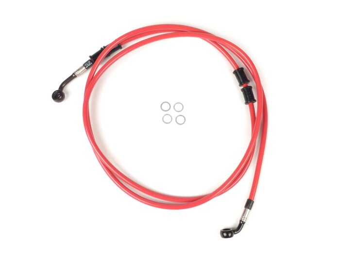 Saluran rem belakang untuk kaliper rem asli -Garis spiegel: baja tahan karat (merah), pas: aluminium (hitam) - Vespa (tanpa ABS) GTS 250 (ZAPM451), GTS 125 yaitu (ZAPM453), GTS 300 yaitu (ZAPM452)