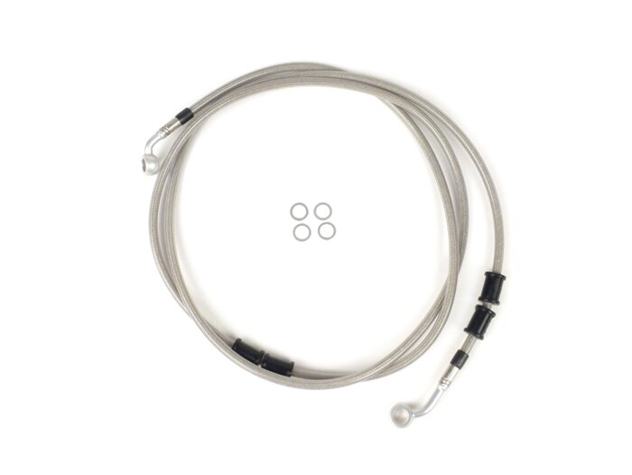 Brake hose, rear, for genuine brake caliper -SPIEGLER hose: stainless steel (transparent), fitting: aluminium (silver)- Vespa (without ABS) GTS 250 (ZAPM451), GTS 125 i.e. (ZAPM453), GTS 300 i.e. (ZAPM452)