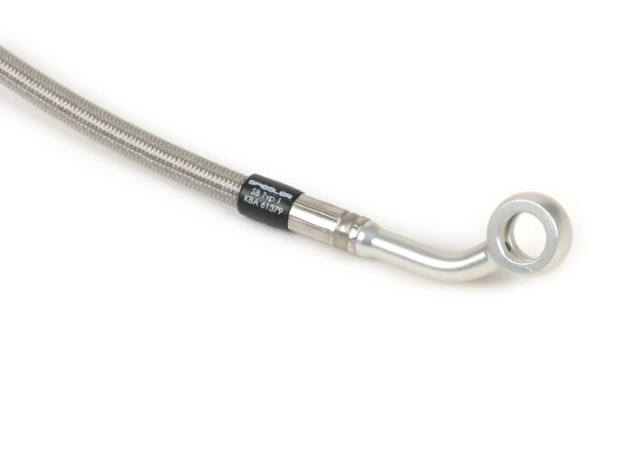 Brake hose, rear, for genuine brake caliper -SPIEGLER hose: stainless steel (transparent), fitting: aluminium (silver)- Vespa (without ABS) GTS 250 (ZAPM451), GTS 125 i.e. (ZAPM453), GTS 300 i.e. (ZAPM452)