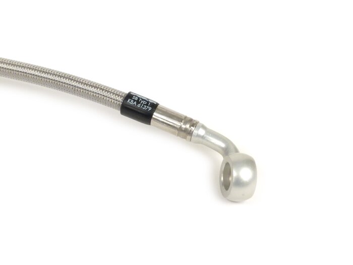 Brake hose, rear, for genuine brake caliper -SPIEGLER hose: stainless steel (transparent), fitting: aluminium (silver)- Vespa (without ABS) GTS 250 (ZAPM451), GTS 125 i.e. (ZAPM453), GTS 300 i.e. (ZAPM452)