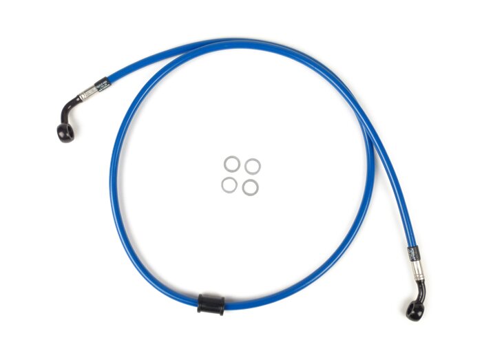 Garis rem depan untuk kaliper rem asli -Garis spiegel: baja tahan karat (biru), pas: aluminium (hitam) - Vespa (tanpa ABS) GT 125 (ZAPM311), GT 200 (ZAPM312), GT L 125 (ZAPM311), GT L 200 (ZAPM312), GTS 125 (ZAPM313), GTS 250 (ZAPM451), GTS 125 i.e. (