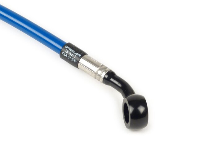 Garis rem depan untuk kaliper rem asli -Garis spiegel: baja tahan karat (biru), pas: aluminium (hitam) - Vespa (tanpa ABS) GT 125 (ZAPM311), GT 200 (ZAPM312), GT L 125 (ZAPM311), GT L 200 (ZAPM312), GTS 125 (ZAPM313), GTS 250 (ZAPM451), GTS 125 i.e. (