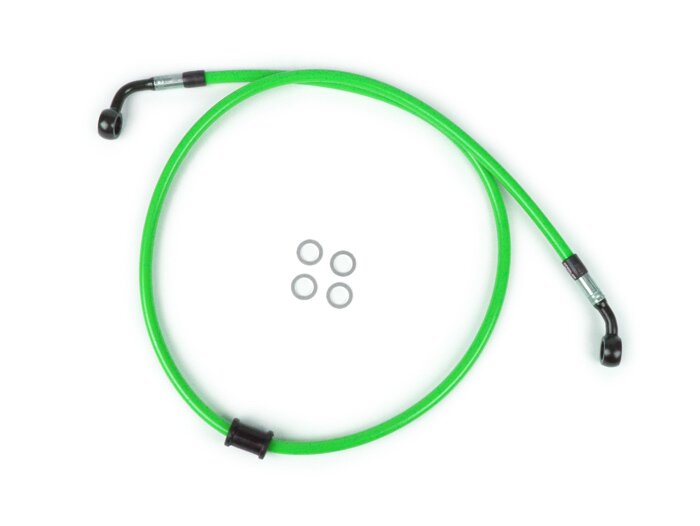 Garis rem depan untuk kaliper rem asli -Garis spiegel: baja tahan karat (hijau), pas: aluminium (hitam) - Vespa (tanpa ABS) GT 125 (ZAPM311), GT 200 (ZAPM312), GT L 125 (ZAPM311), GT L 200 (ZAPM312), GTS 125 (ZAPM313), GTS 250 (ZAPM451), GTS 125 i.e. (