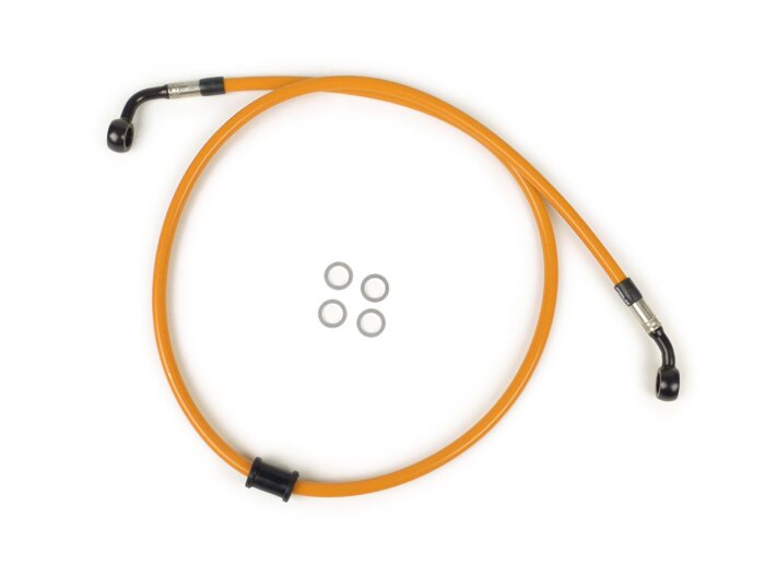 Remleiding voorrem voor originele remklauw -SPIEGLER leiding: roestvrij staal (oranje), fitting: aluminium (zwart)- Vespa (zonder ABS) GT 125 (ZAPM311), GT 200 (ZAPM312), GT L 125 (ZAPM311), GT L 200 (ZAPM312), GTS 125 (ZAPM313), GTS 250 (ZAPM451), GTS 12