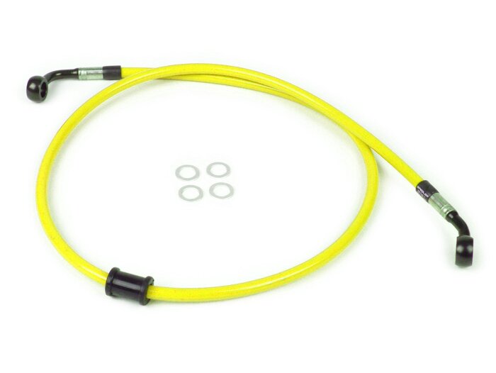Garis rem depan untuk kaliper rem asli -Garis spiegel: baja tahan karat (kuning), pas: aluminium (hitam) - Vespa (tanpa ABS) GT 125 (ZAPM311), GT 200 (ZAPM312), GT L 125 (ZAPM311), GT L 200 (ZAPM312), GTS 125 (ZAPM313), GTS 250 (ZAPM451), GTS 125 i.e. (