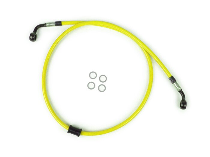 Garis rem depan untuk kaliper rem asli -Garis spiegel: baja tahan karat (kuning), pas: aluminium (hitam) - Vespa (tanpa ABS) GT 125 (ZAPM311), GT 200 (ZAPM312), GT L 125 (ZAPM311), GT L 200 (ZAPM312), GTS 125 (ZAPM313), GTS 250 (ZAPM451), GTS 125 i.e. (