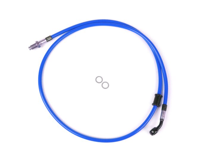 Brake hose, front, to genuine brake caliper -SPIEGLER hose: stainless steel (blue), fitting: aluminium (black)- Vespa (with ABS) GTS 125i.e. Super ABS (ZAPM45300, ZAPM45301), Vespa GTS 300 ABS (ZAPM45200, ZAPM45202), Vespa GTS 300i.e. Super ABS (ZAPM45200