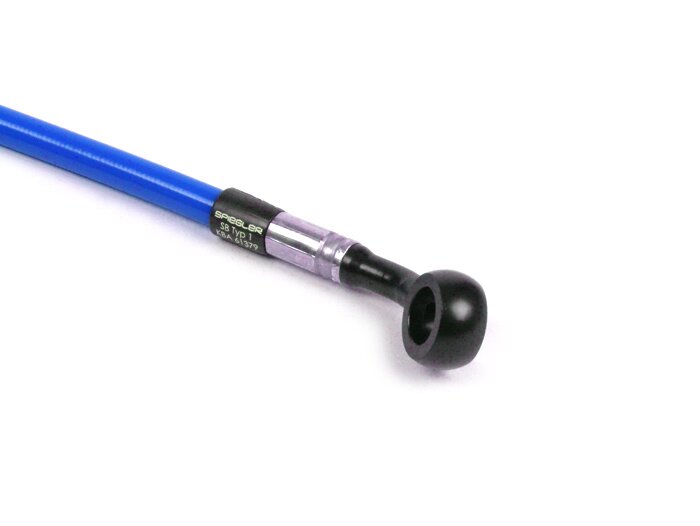 Brake hose, front, to genuine brake caliper -SPIEGLER hose: stainless steel (blue), fitting: aluminium (black)- Vespa (with ABS) GTS 125i.e. Super ABS (ZAPM45300, ZAPM45301), Vespa GTS 300 ABS (ZAPM45200, ZAPM45202), Vespa GTS 300i.e. Super ABS (ZAPM45200