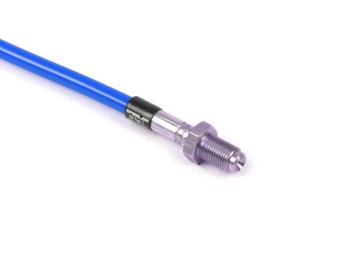 Brake hose, front, to genuine brake caliper -SPIEGLER hose: stainless steel (blue), fitting: aluminium (black)- Vespa (with ABS) GTS 125i.e. Super ABS (ZAPM45300, ZAPM45301), Vespa GTS 300 ABS (ZAPM45200, ZAPM45202), Vespa GTS 300i.e. Super ABS (ZAPM45200