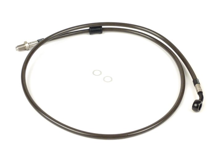 Brake hose, front, to genuine brake caliper -SPIEGLER hose: stainless steel (colour: carbon), fitting: aluminium (black)- Vespa (with ABS) GTS 125i.e. Super ABS (ZAPM45300, ZAPM45301), Vespa GTS 300 ABS (ZAPM45200, ZAPM45202), Vespa GTS 300i.e. Super ABS