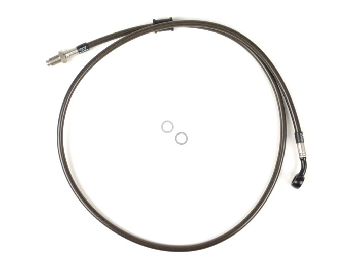 Brake hose, front, to genuine brake caliper -SPIEGLER hose: stainless steel (colour: carbon), fitting: aluminium (black)- Vespa (with ABS) GTS 125i.e. Super ABS (ZAPM45300, ZAPM45301), Vespa GTS 300 ABS (ZAPM45200, ZAPM45202), Vespa GTS 300i.e. Super ABS