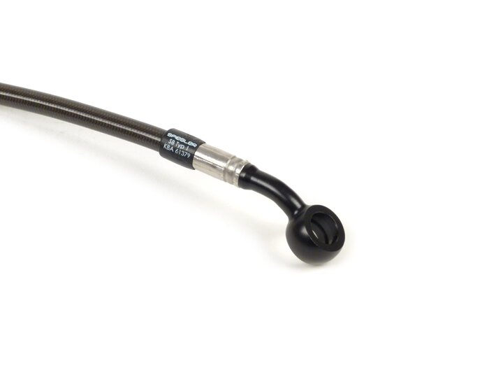 Brake hose, front, to genuine brake caliper -SPIEGLER hose: stainless steel (colour: carbon), fitting: aluminium (black)- Vespa (with ABS) GTS 125i.e. Super ABS (ZAPM45300, ZAPM45301), Vespa GTS 300 ABS (ZAPM45200, ZAPM45202), Vespa GTS 300i.e. Super ABS
