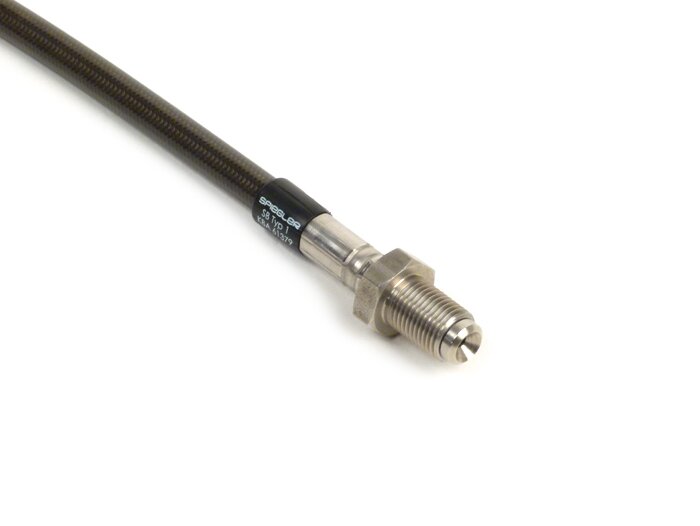 Brake hose, front, to genuine brake caliper -SPIEGLER hose: stainless steel (colour: carbon), fitting: aluminium (black)- Vespa (with ABS) GTS 125i.e. Super ABS (ZAPM45300, ZAPM45301), Vespa GTS 300 ABS (ZAPM45200, ZAPM45202), Vespa GTS 300i.e. Super ABS