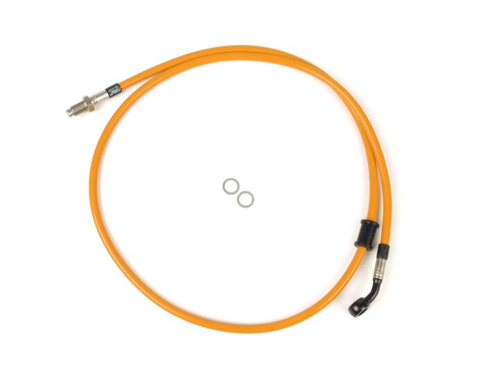 Brake hose, front, to genuine brake caliper -SPIEGLER hose: stainless steel (orange), fitting: aluminium (black)- Vespa (with ABS) GTS 125i.e. Super ABS (ZAPM45300, ZAPM45301), Vespa GTS 300 ABS (ZAPM45200, ZAPM45202), Vespa GTS 300i.e. Super ABS (ZAPM452