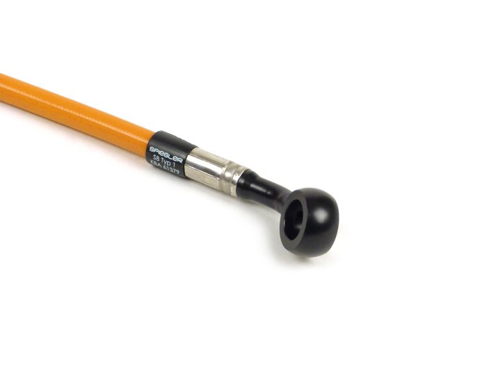 Brake hose, front, to genuine brake caliper -SPIEGLER hose: stainless steel (orange), fitting: aluminium (black)- Vespa (with ABS) GTS 125i.e. Super ABS (ZAPM45300, ZAPM45301), Vespa GTS 300 ABS (ZAPM45200, ZAPM45202), Vespa GTS 300i.e. Super ABS (ZAPM452