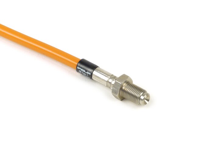Brake hose, front, to genuine brake caliper -SPIEGLER hose: stainless steel (orange), fitting: aluminium (black)- Vespa (with ABS) GTS 125i.e. Super ABS (ZAPM45300, ZAPM45301), Vespa GTS 300 ABS (ZAPM45200, ZAPM45202), Vespa GTS 300i.e. Super ABS (ZAPM452