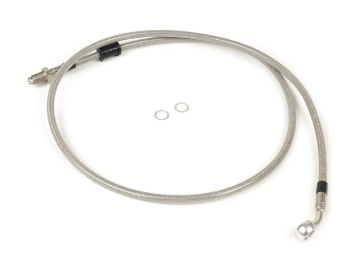 Brake hose, front, to genuine brake caliper -SPIEGLER hose: stainless steel (transparent), fitting: aluminium (silver)- Vespa (with ABS) GTS 125i.e. Super ABS (ZAPM45300, ZAPM45301), Vespa GTS 300 ABS (ZAPM45200, ZAPM45202), Vespa GTS 300i.e. Super ABS (Z