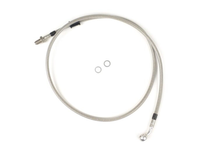 Brake hose, front, to genuine brake caliper -SPIEGLER hose: stainless steel (transparent), fitting: aluminium (silver)- Vespa (with ABS) GTS 125i.e. Super ABS (ZAPM45300, ZAPM45301), Vespa GTS 300 ABS (ZAPM45200, ZAPM45202), Vespa GTS 300i.e. Super ABS (Z