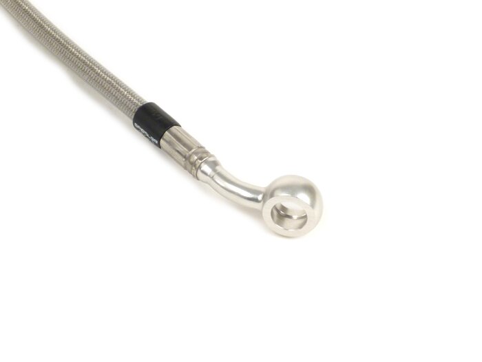 Brake hose, front, to genuine brake caliper -SPIEGLER hose: stainless steel (transparent), fitting: aluminium (silver)- Vespa (with ABS) GTS 125i.e. Super ABS (ZAPM45300, ZAPM45301), Vespa GTS 300 ABS (ZAPM45200, ZAPM45202), Vespa GTS 300i.e. Super ABS (Z